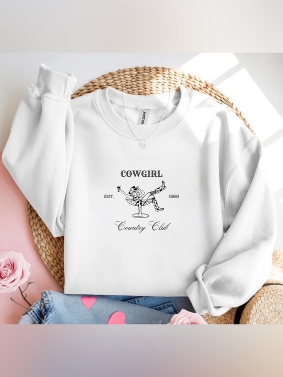 Gildan Sweaters - White Gildan Crewneck Cowgirl Country Club Western Graphic Sweatshirt Gift